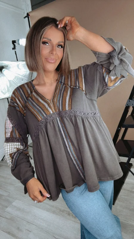 Hurry Up Rare & Rustic Stripe Detailed Top, Charcoal