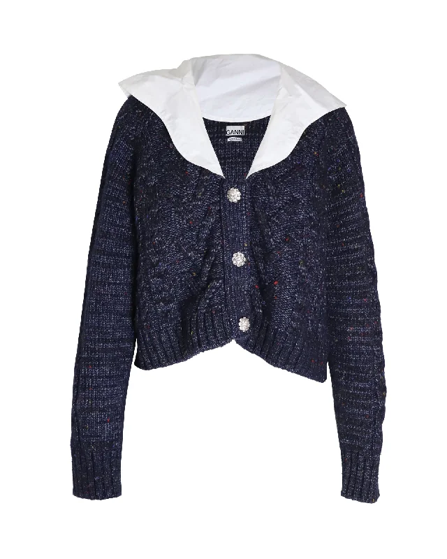 Weekend Specials Just for You Ganni Cropped Embellished Poplin-collar Cable-knit Cardigan in Navy Blue Wool