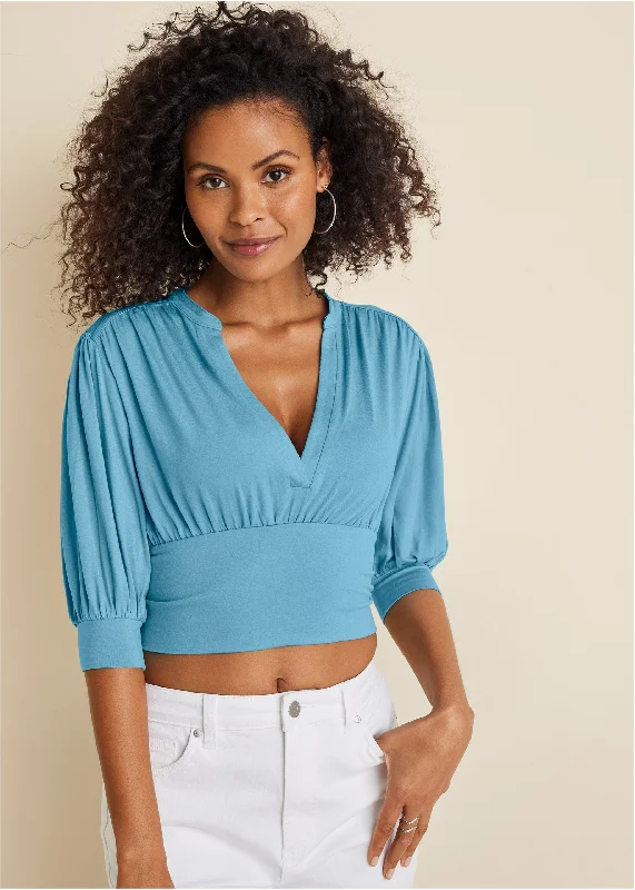 V-Neck Puff Sleeve Top - Blue