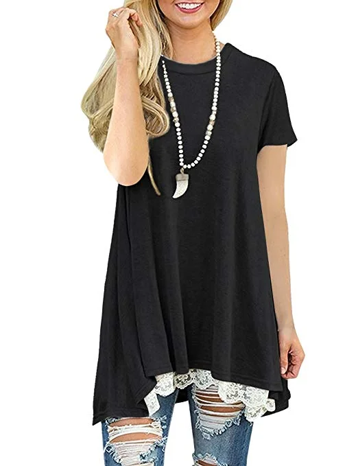 Women's Casual Lace Short Long Sleeve Tunic Top T-Shirt Blouse