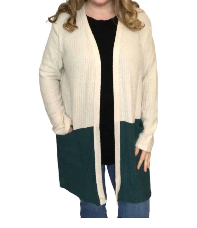 Mega Sale Long Waffle Sweater In Cream & Teal