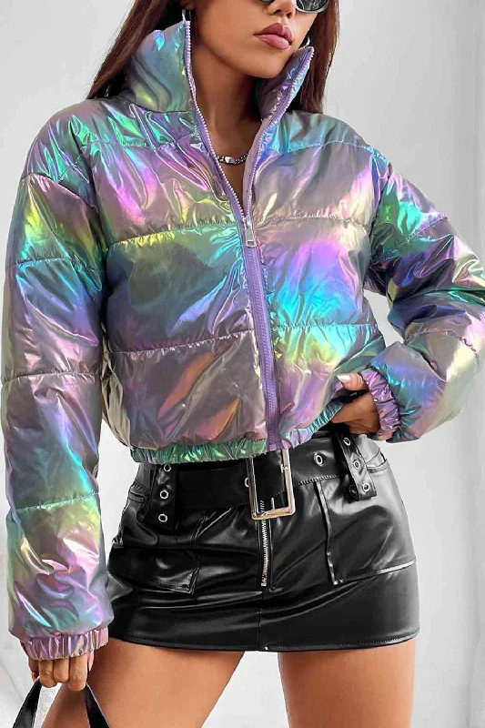 Gradient Zip-Up Oil Spill Chrome Winter Coat