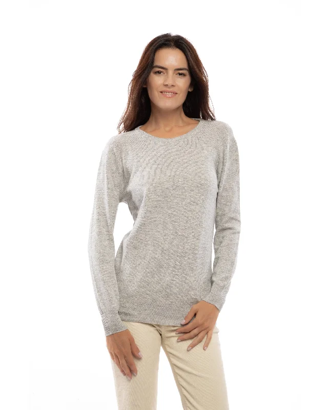 NEW FALL 24 - Women's Pure Cashmere Original Crew Neck Sweater Light Gray by Monticelli Cashmere