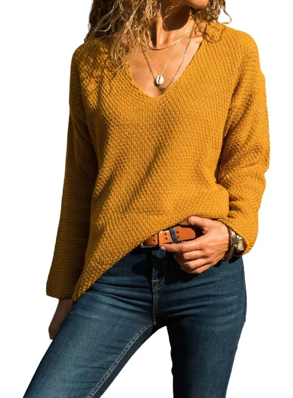 Now or Never V-Neck Brass Knitted Pocket Sweater In Mustard