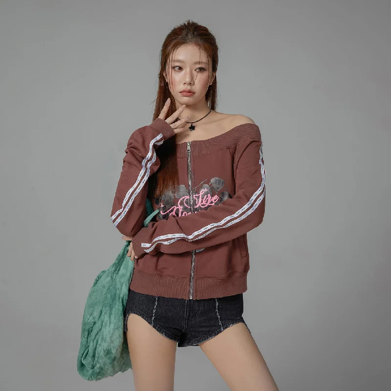 Weekend Specials to Enjoy Off-Shoulder Sweatshirt Zip-Up