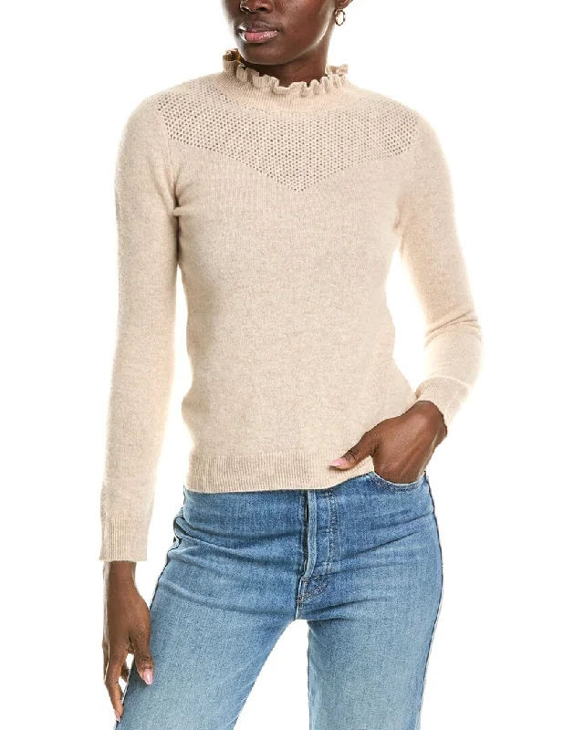 Top Pick sofiacashmere Ruffle Mock Neck Mesh Stitch Cashmere Sweater