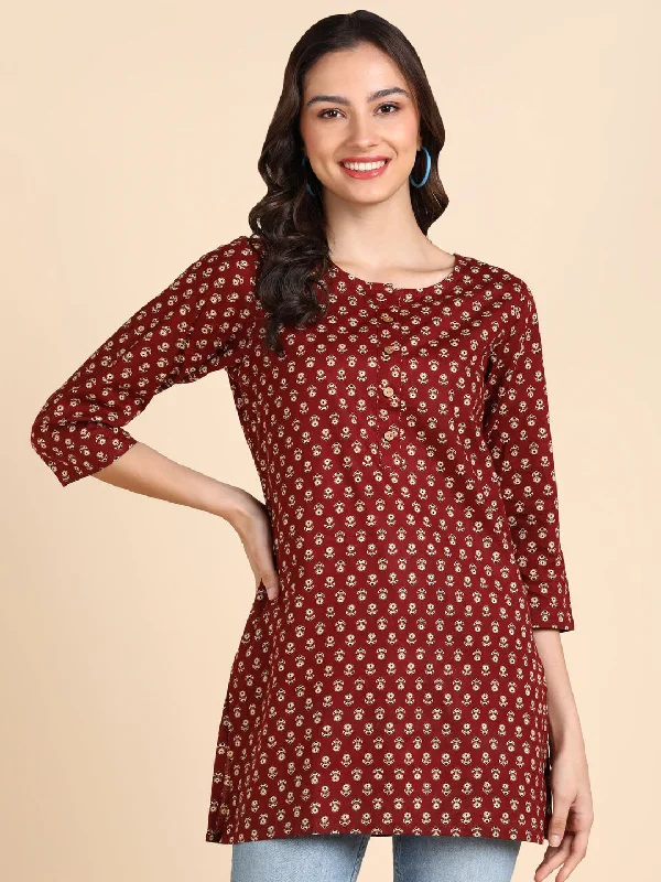 Weekend Price Cuts Galore Pure Cotton Floral Printed Top - Maroon