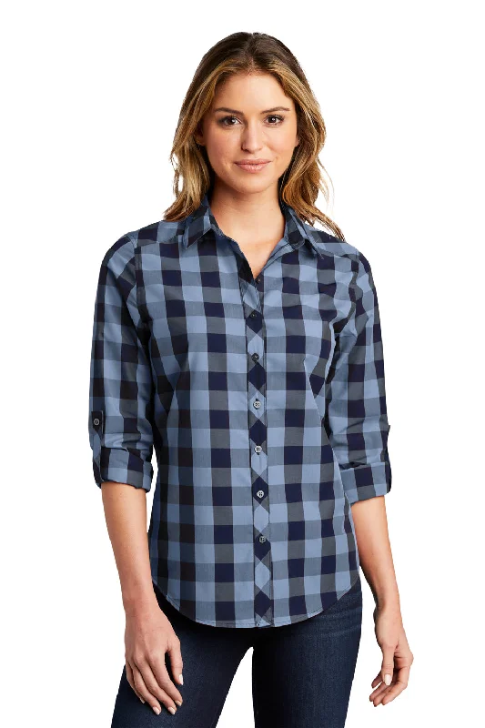 Port Authority Womens Everyday Plaid Long Sleeve Button Down Shirt - True Navy Blue