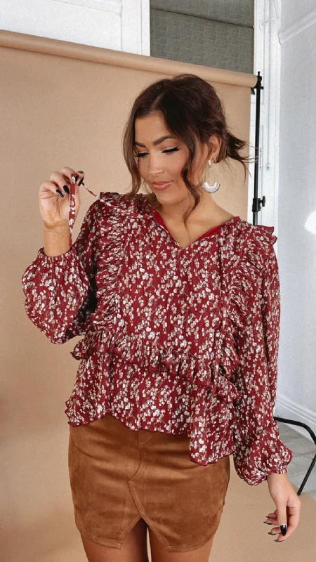 Weekend Deals to Make You Smile Loss For Words Blouse , Burgundy