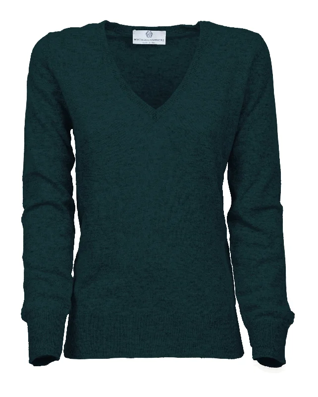 NEW FALL 24 - Women's Pure Cashmere V-Neck Sweater Forest Green by Monticelli Cashmere