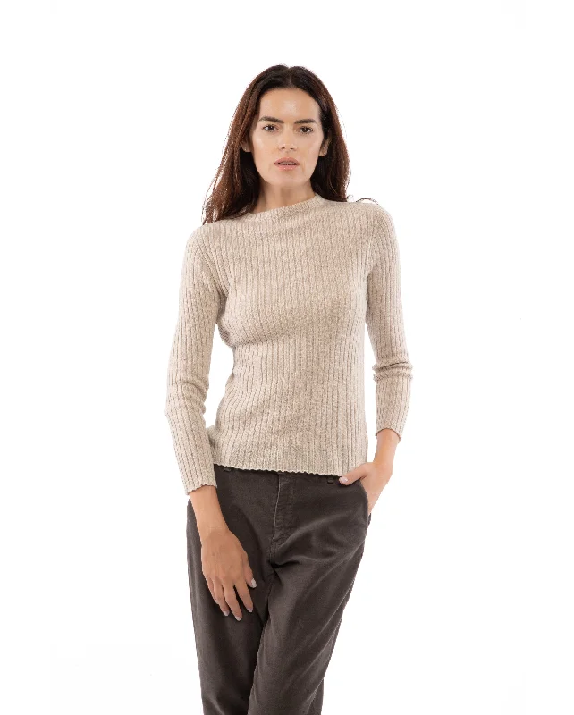 NEW FALL 24 - Women's Cashmere Vertical Rib Crew Neck Sweater Beige by Monticelli Cashmere