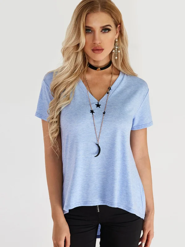 Custom V-Neck Plain Cut Out Short Sleeve Curved Hem Blue T-Shirts