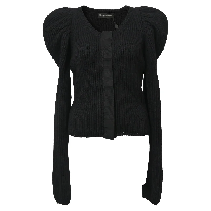 Weekend Offers You Can't Ignore Dolce & Gabbana Knitted Puff Sleeve Cardigan in Black Wool