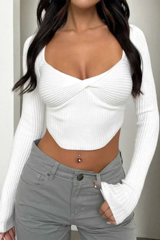 Twisted-Front Ribbed Long Sleeve Top