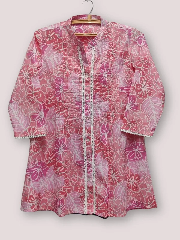 Bonus Offer Cotton Printed Pleted Top with Lace detail - Pink