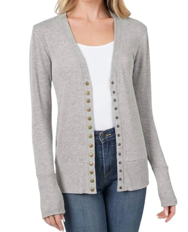 Hurry Up Torie Ribbed Detail Snap Button Cardigan In Grey