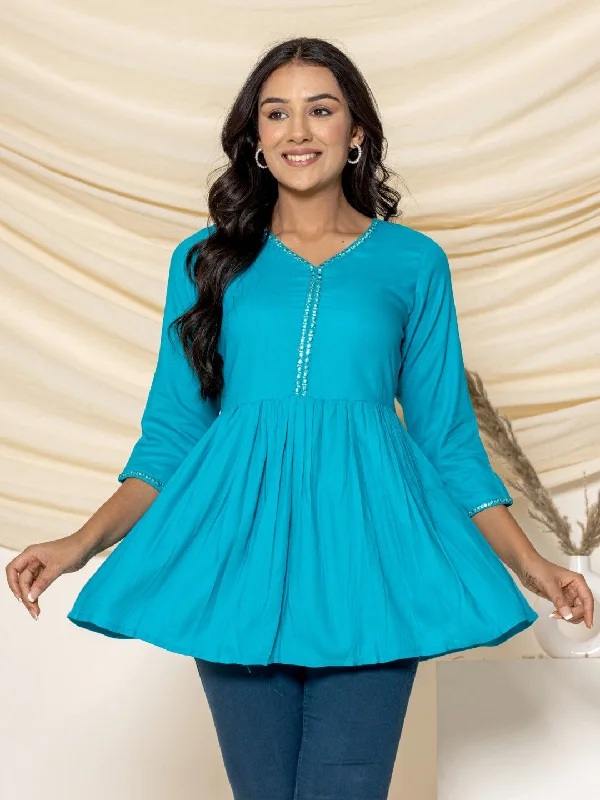 Weekend Specials to Grab Solid Embroidered Peplum Top - Turquoise