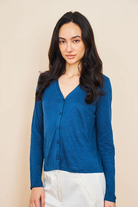 Weekend Shopping Bliss Stretch Linen V-Neck Cardigan in Bleu Taormina