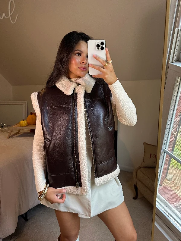 Brown Leather Sherpa Zip-Up Vest