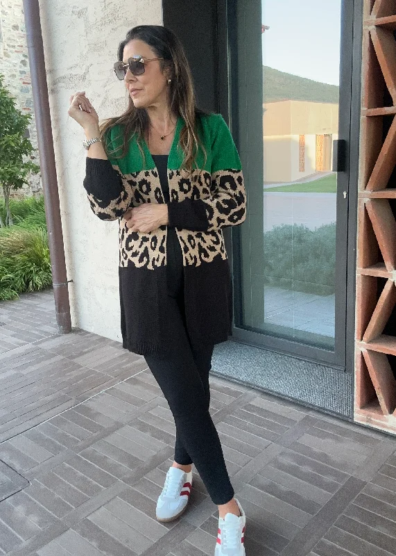 Juliette Green Leopard Panel Cardigan