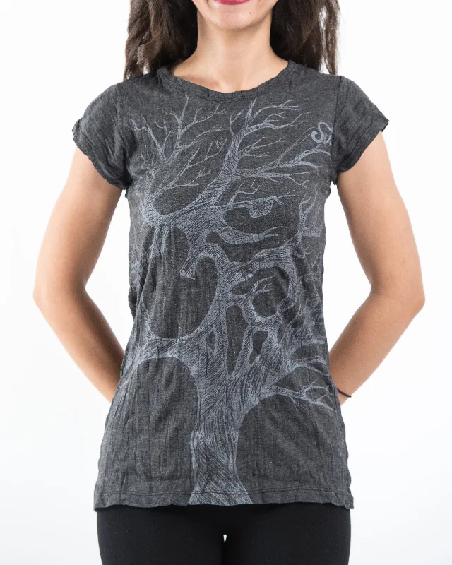 Womens Om Tree T-Shirt in Silver on Black