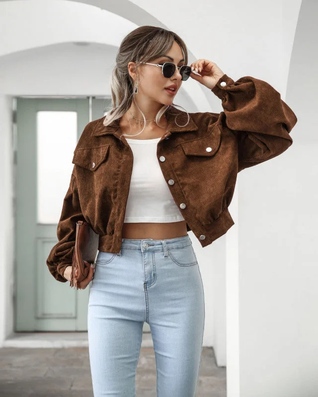 Corduroy Jacket Lantern Sleeve Single Breasted Short Jacket Women