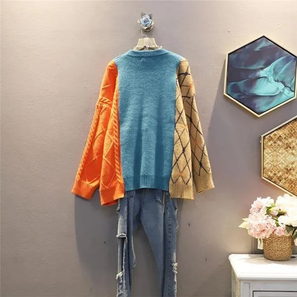 Women Patchwork Pleated Goddess Fan Full Sleeve 2020 Winter Elegant Loose Sweater