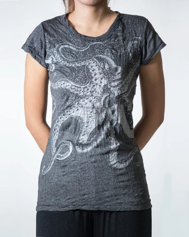 Weekend Deals That Excite Womens Octopus T-Shirt in Silver on Black