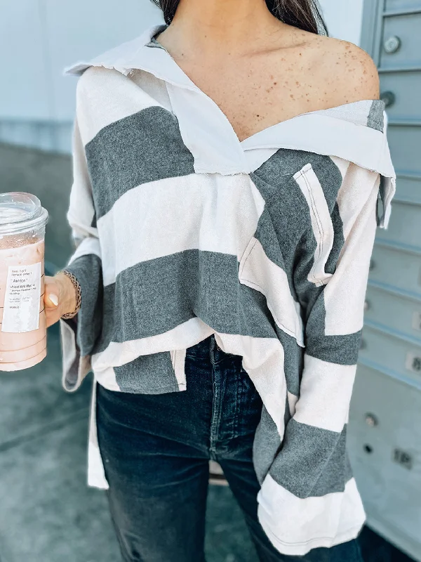 Weekend Bargains to Love Striped Collared Neck Long Sleeve T-Shirt