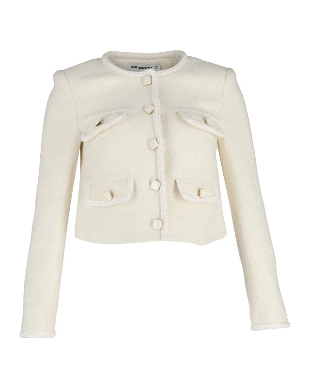 Weekend Discounts to Delight Self-Portrait Boucle Cropped Jacket in Cream Wool Blend
