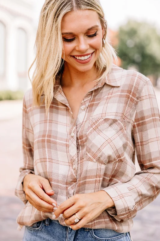 Weekend Deals That Amaze Get Moving Oatmeal Brown Plaid Button Down Top