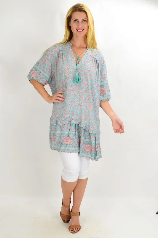 Act Fast Aqua Bell Ruffle Tunic Top