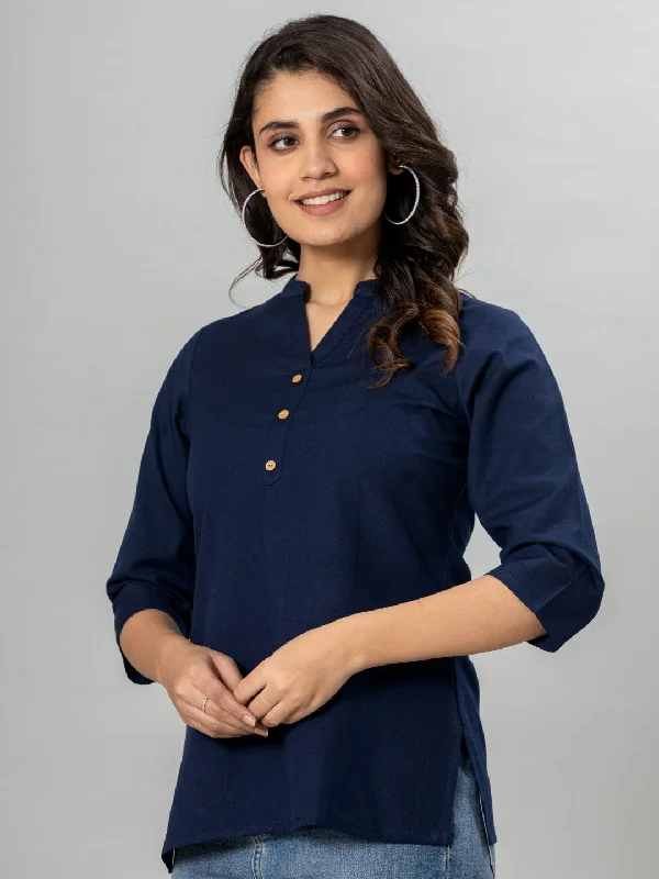 Lowest Price Solid Cotton Flax Women Top - Navy Blue