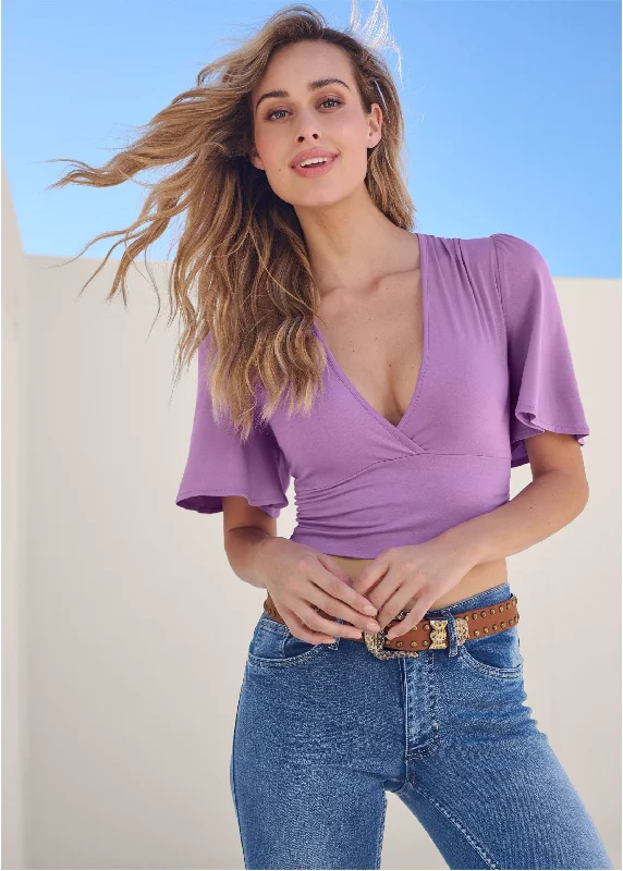 Cash Savings Flutter Sleeve Crop Top - Orchid