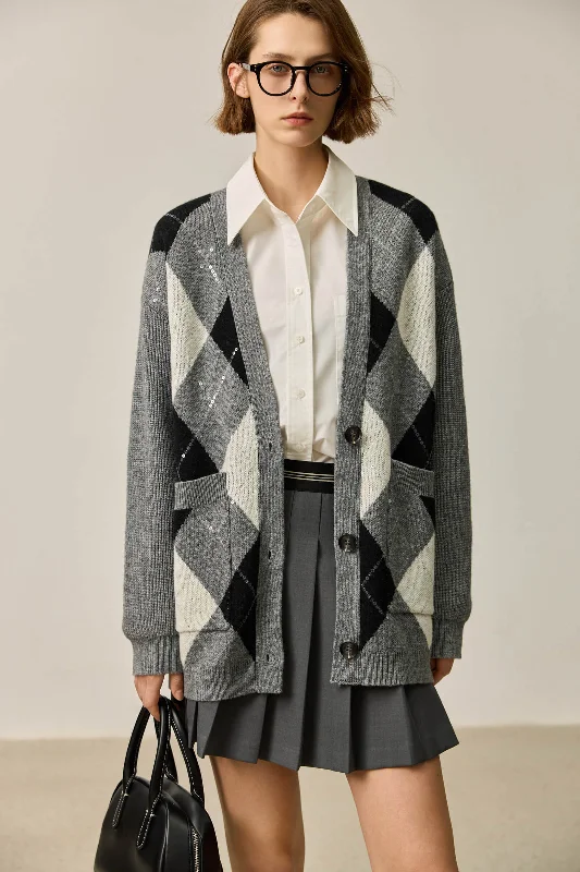 LILY Grey Argyle Knit Cardigan