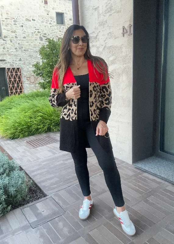 Exclusive Deal Juliette Red Leopard Panel Cardigan