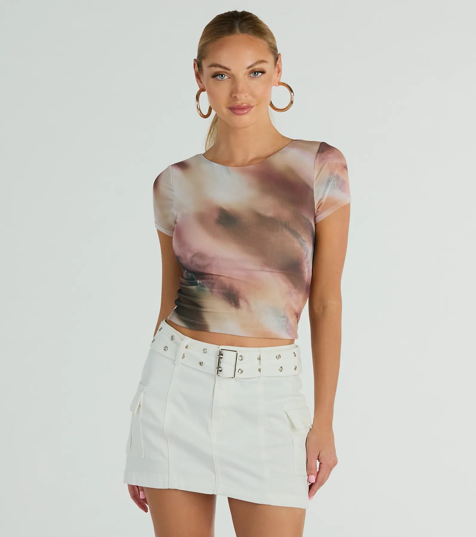 Early Bird Talk Back Abstract Print Mesh Crop Top