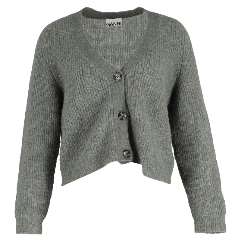 Weekend Deals That Dazzle Ganni V-Neck Buttoned Cardigan in Olive Green Wool