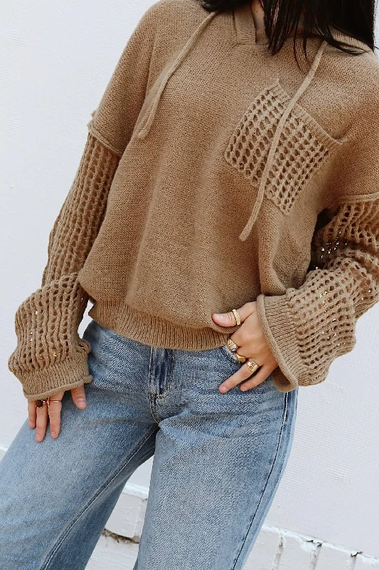 Weekend Bargains Galore Crochet Pullover Hooded Sweater In Brown