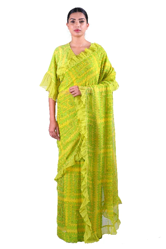 Lemon Yellow Printed chiffon Saree