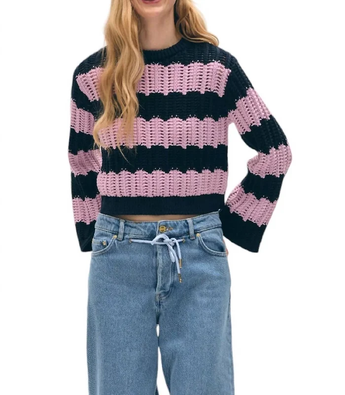 New Deal Cotton Rope Bell Sleeve Crewneck Sweater In Purple Combo