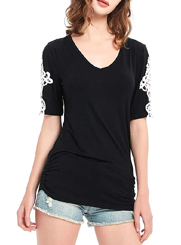 Women Sexy V Neck T Shirts Loose Cut Out Shoulder Tops