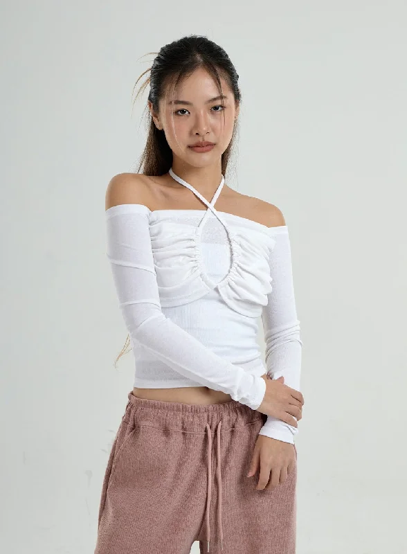 Hot Buy Neck Cross Strap Off-Shoulder T-Shirt CO25