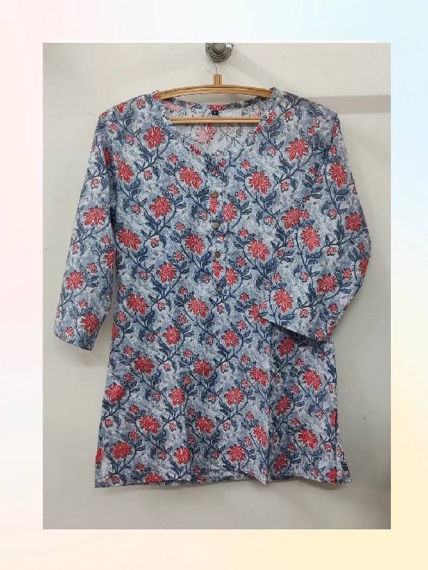 Price Drop Cotton Printed Hip Length Top - Grey/Blue
