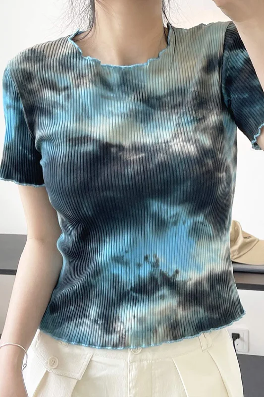 Overstock Sale Lettuce Trim Knitted Tie-dye Top