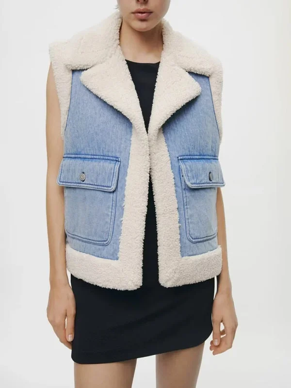 New style lapel thickened warm sleeveless lambswool denim vest