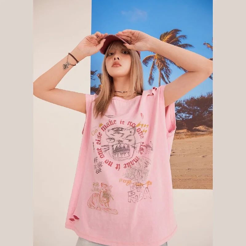 Weekend Discounts to Delight Damaged Biker Graffiti Loose T-Shirt
