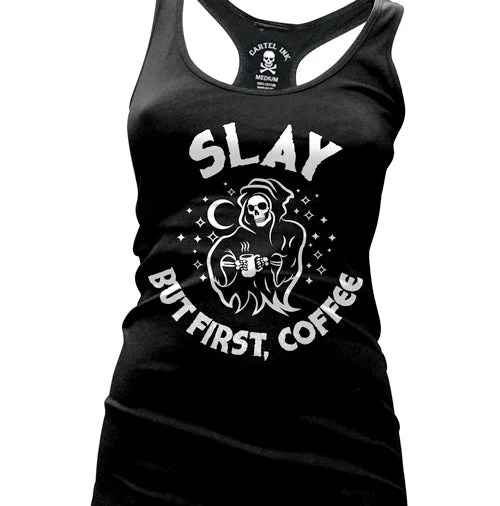 Online Deal Slay but First, Coffee Women's Racer Back Tank Top