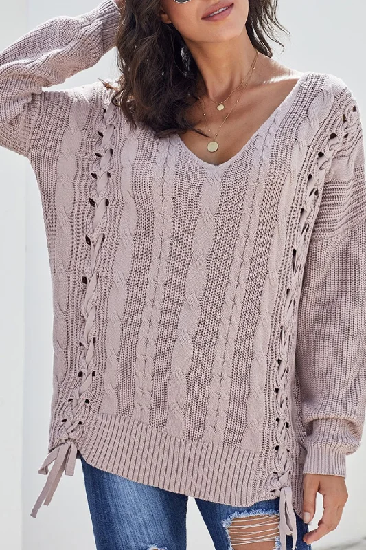 Weekend Deals That Dazzle Cable Knit Lace Up V-Neck Sweater