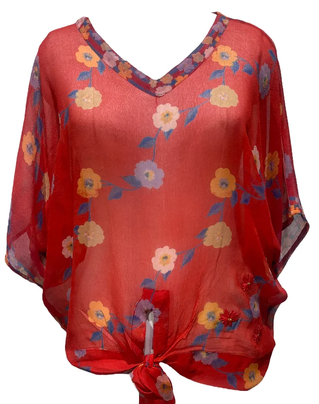 Mega Discount PRG3328 Sheer Avatar Pure Silk Front Tie Top